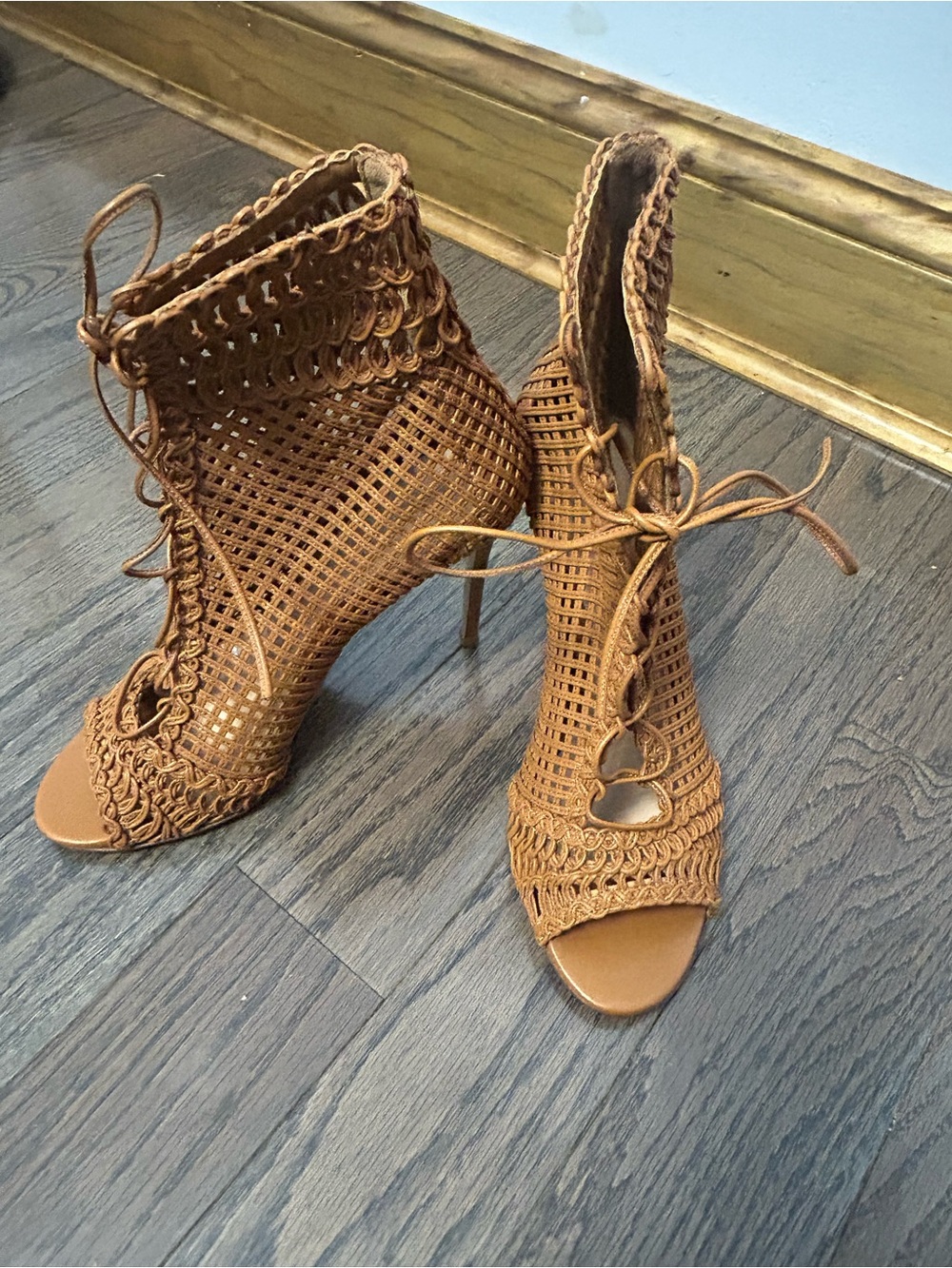 Gianvito Rossi Tan Woven Lace-Up Stiletto Sandals